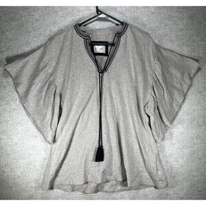 Ella Mara BOHO  Tunic Womens Size Large Short Sleeve Knit Shirt Grey Blue Trim